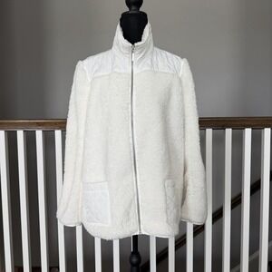Chicos Women's Teddy Jacket White Faux Fur Full Zip Sz 2 US Large Cozy Glam